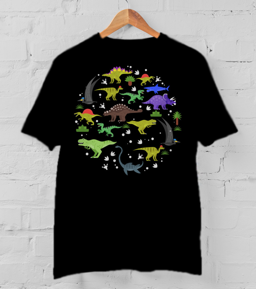 Different Types Of Cool Dinosaurs With Footprints And Plants T-Shirt
