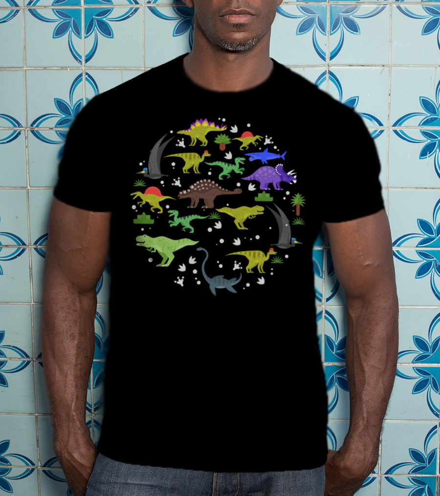 Different Types Of Cool Dinosaurs With Footprints And Plants T-Shirt