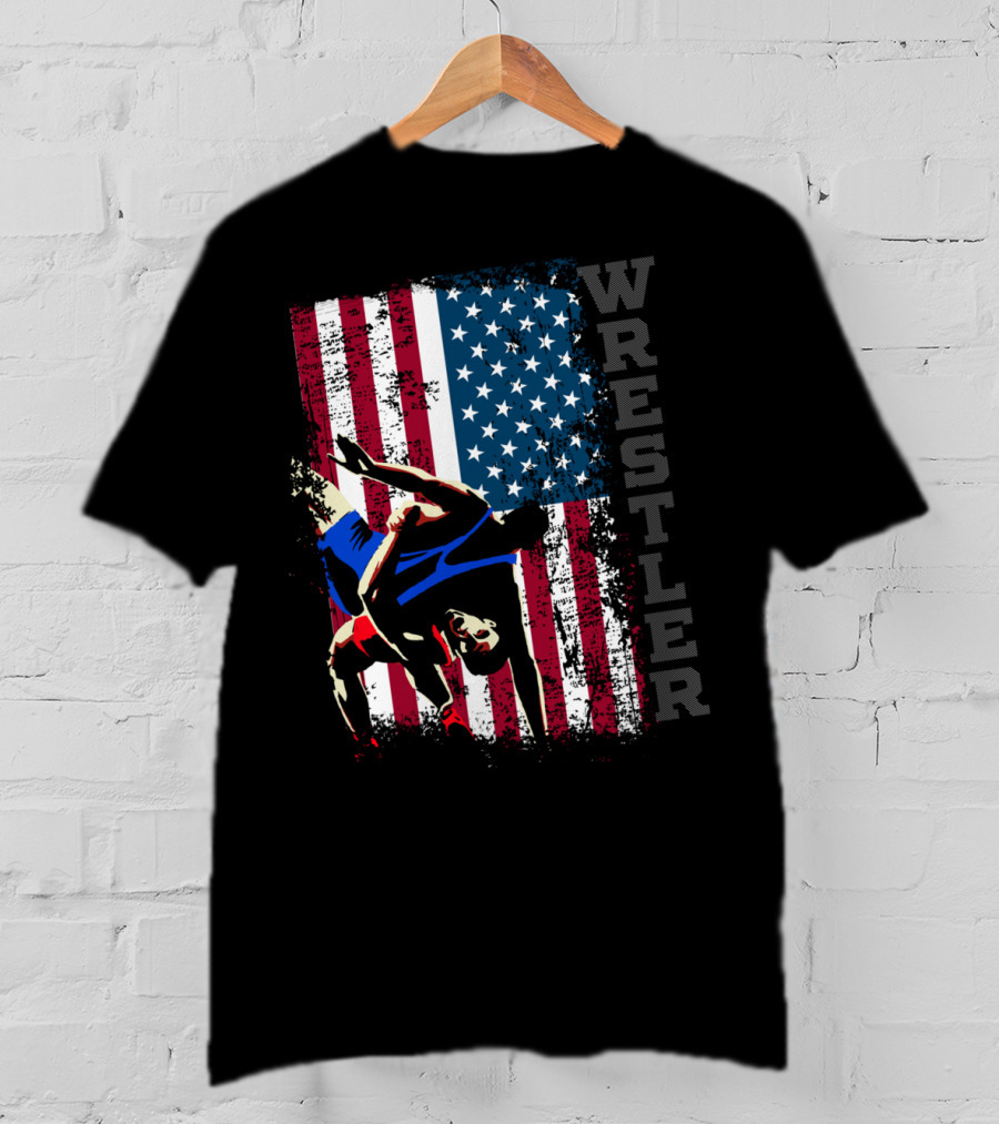 Wrestler Distressed American Flag Wrestling T-Shirt
