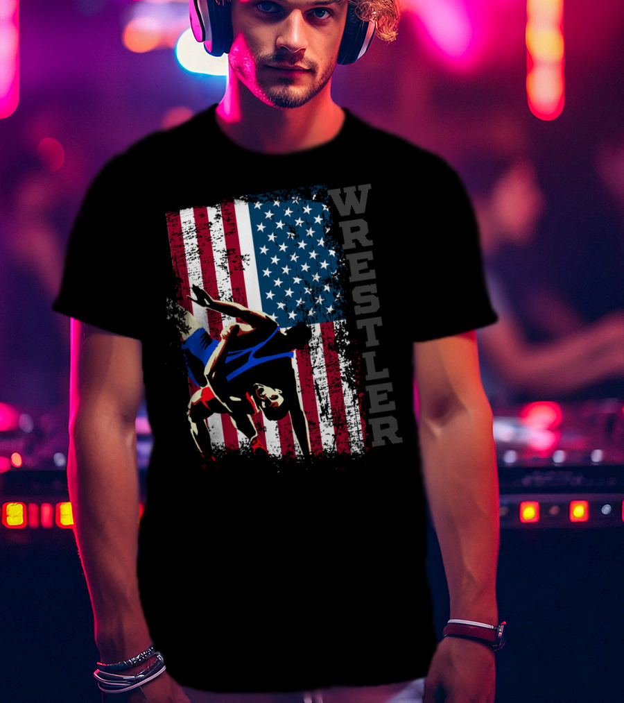 Wrestler Distressed American Flag Wrestling T-Shirt