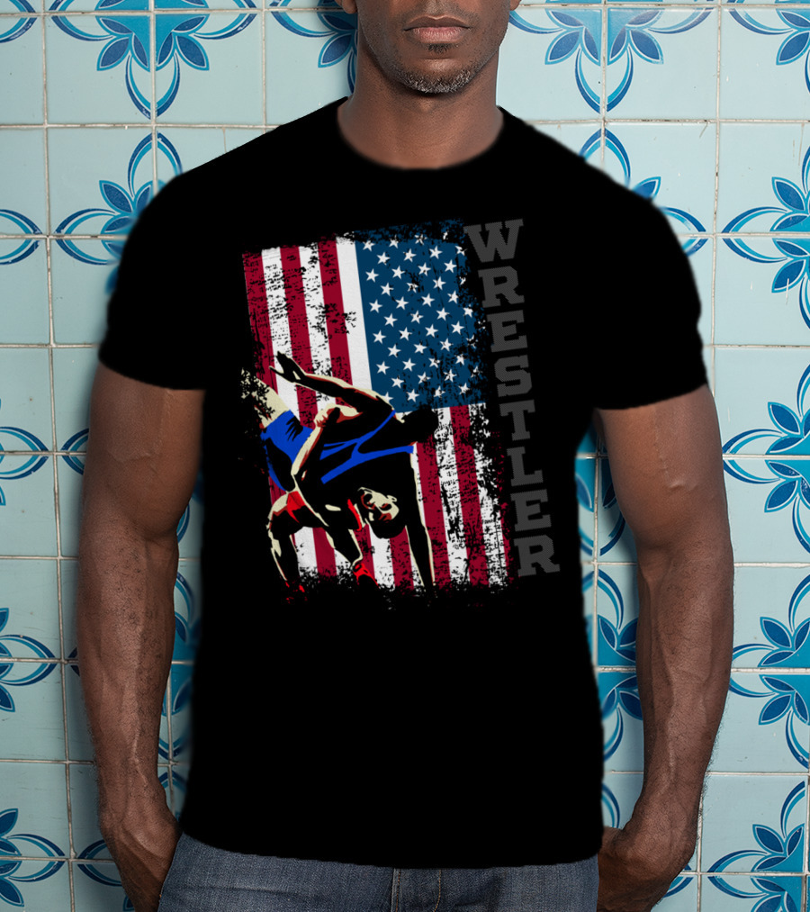 Wrestler Distressed American Flag Wrestling T-Shirt