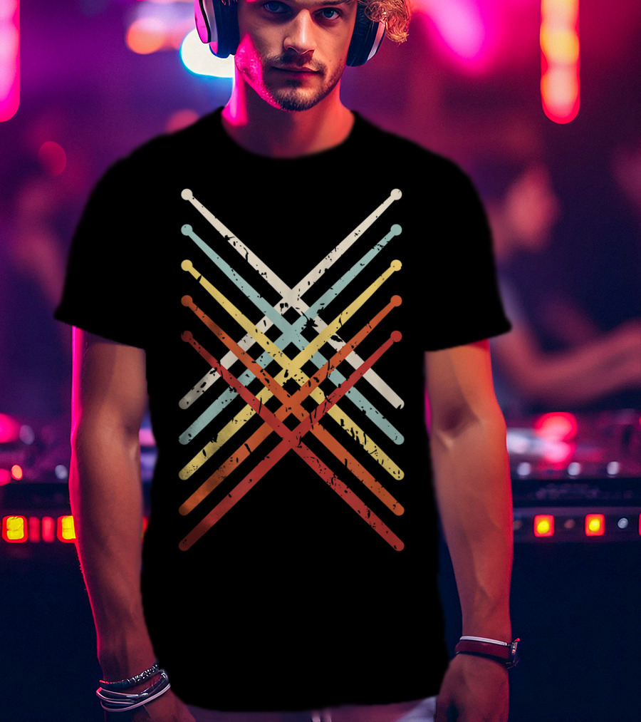 Vintage Drum Sticks Crossed Retro American Flag T-Shirt
