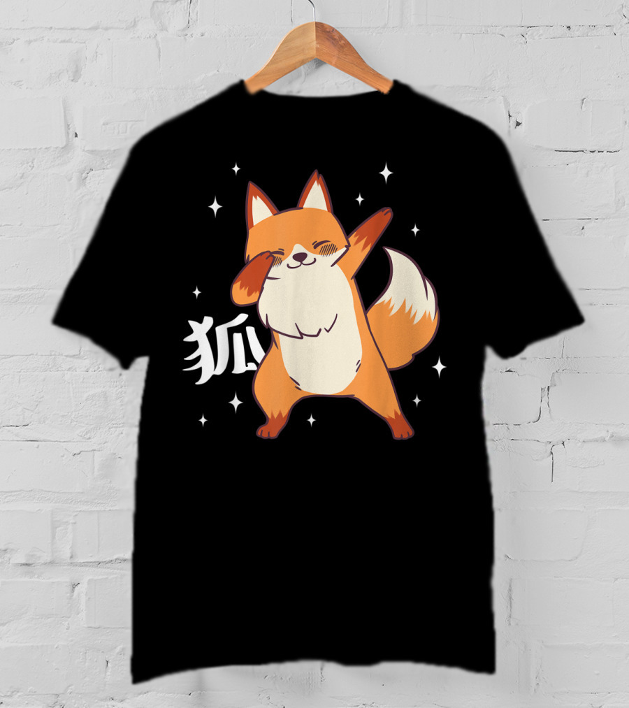 Fox Dabbing Kawaii Kitsune Japanese Kanji Stars T-Shirt