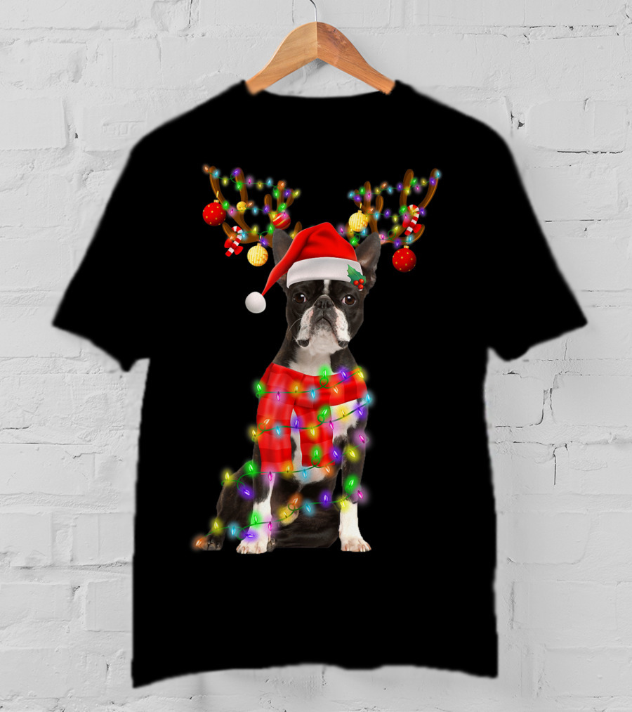 Funny Boston Terrier Christmas Reindeer With Santa Hat And Holiday Lights T-Shirt