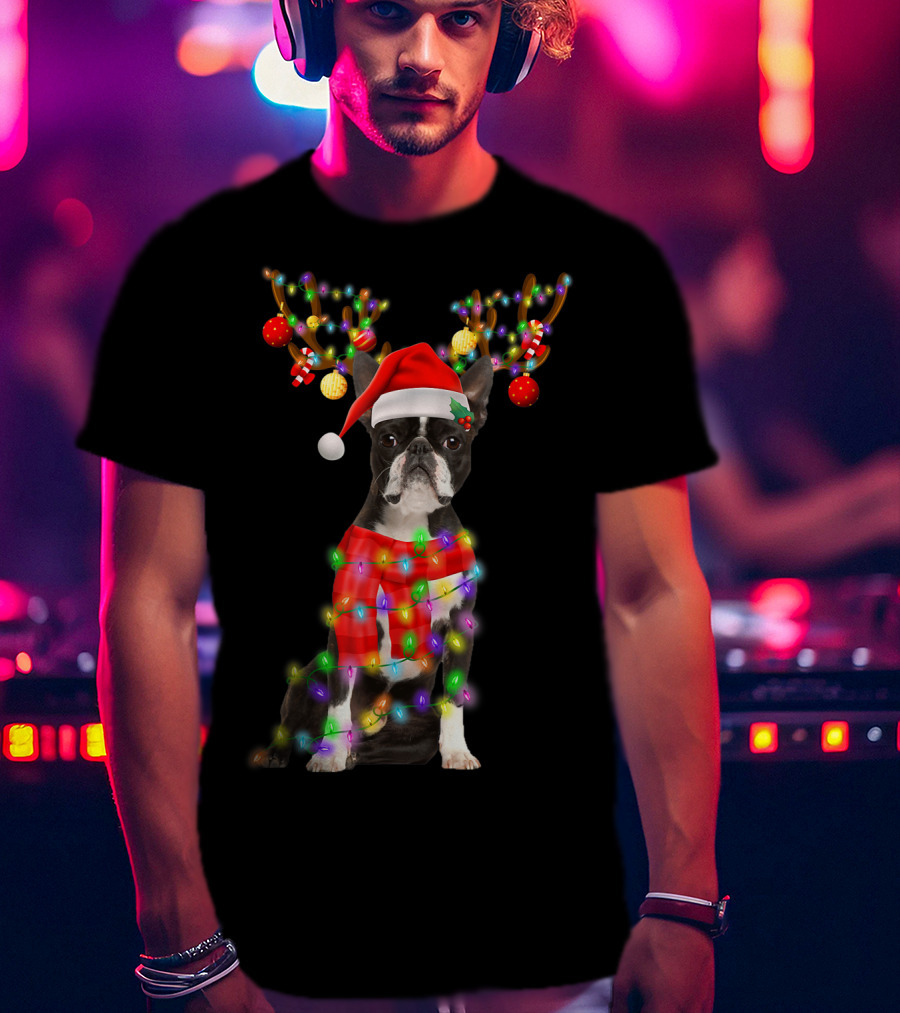 Funny Boston Terrier Christmas Reindeer With Santa Hat And Holiday Lights T-Shirt