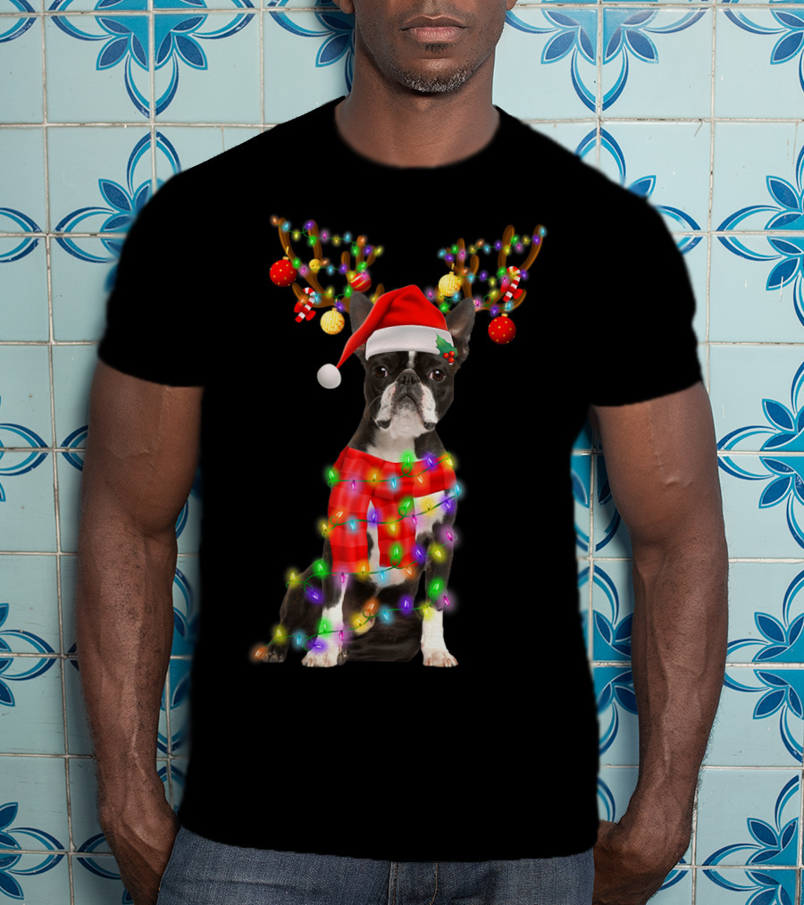 Funny Boston Terrier Christmas Reindeer With Santa Hat And Holiday Lights T-Shirt