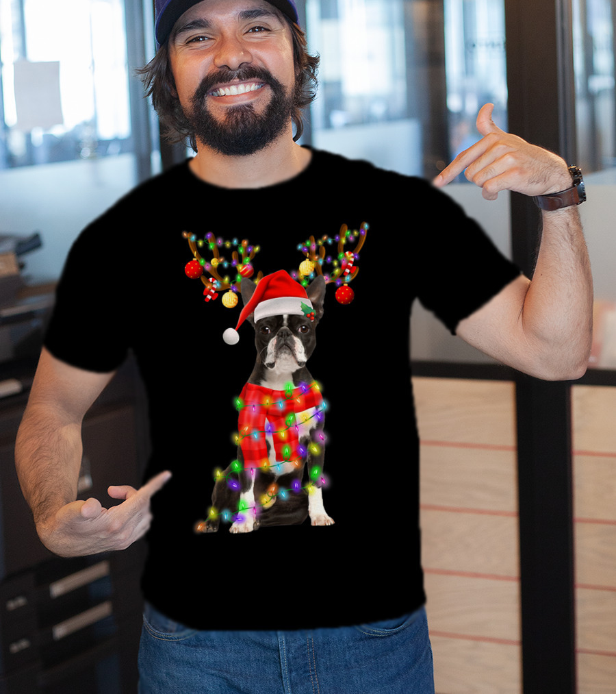 Funny Boston Terrier Christmas Reindeer With Santa Hat And Holiday Lights T-Shirt
