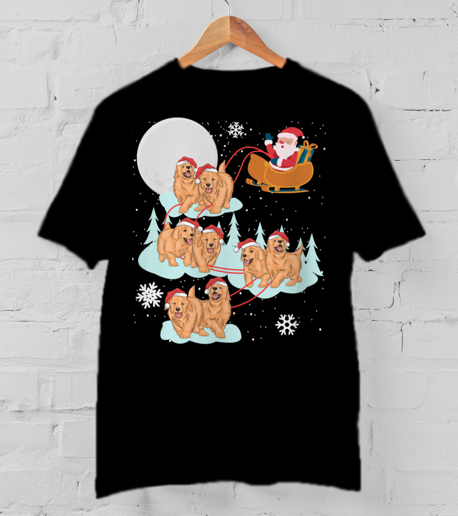 Funny Christmas Golden Retriever Santa Sleigh Holiday Scene T-Shirt