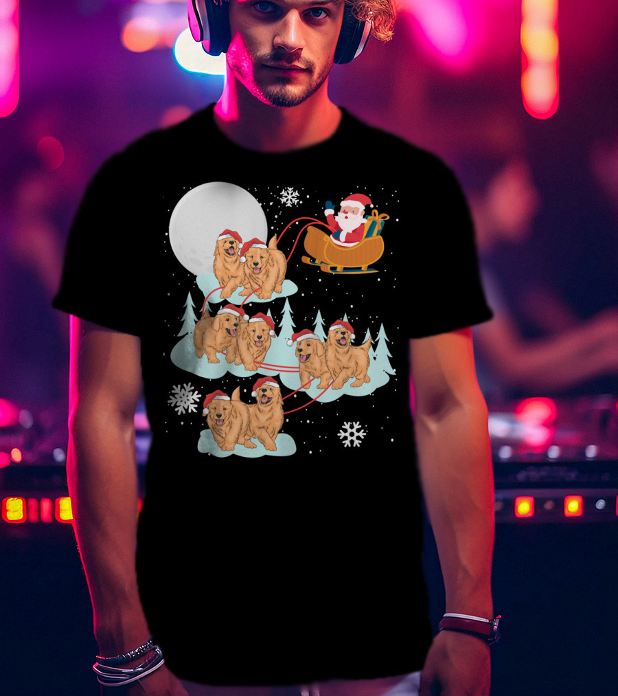 Funny Christmas Golden Retriever Santa Sleigh Holiday Scene T-Shirt