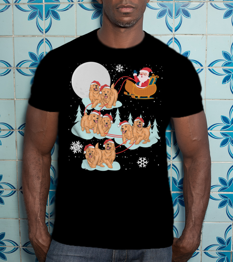 Funny Christmas Golden Retriever Santa Sleigh Holiday Scene T-Shirt
