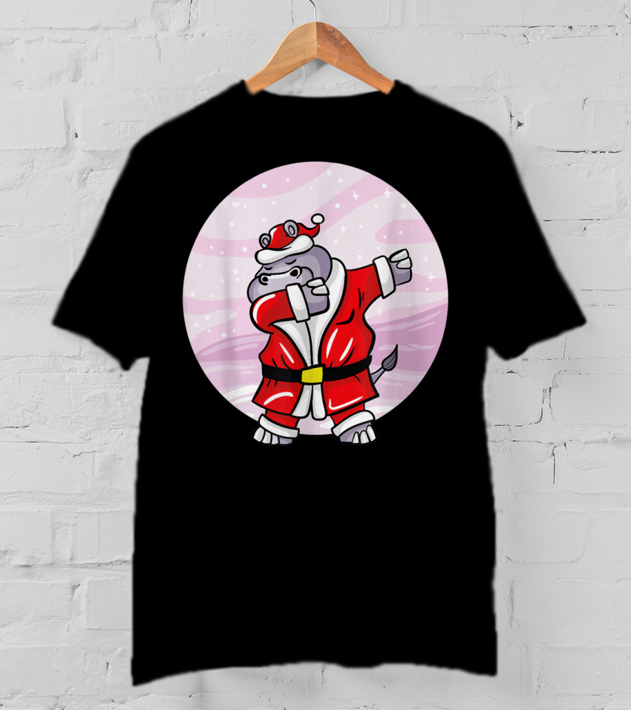 Funny Dabbing Christmas Santa Claus Hippo With Red Santa Suit T-Shirt