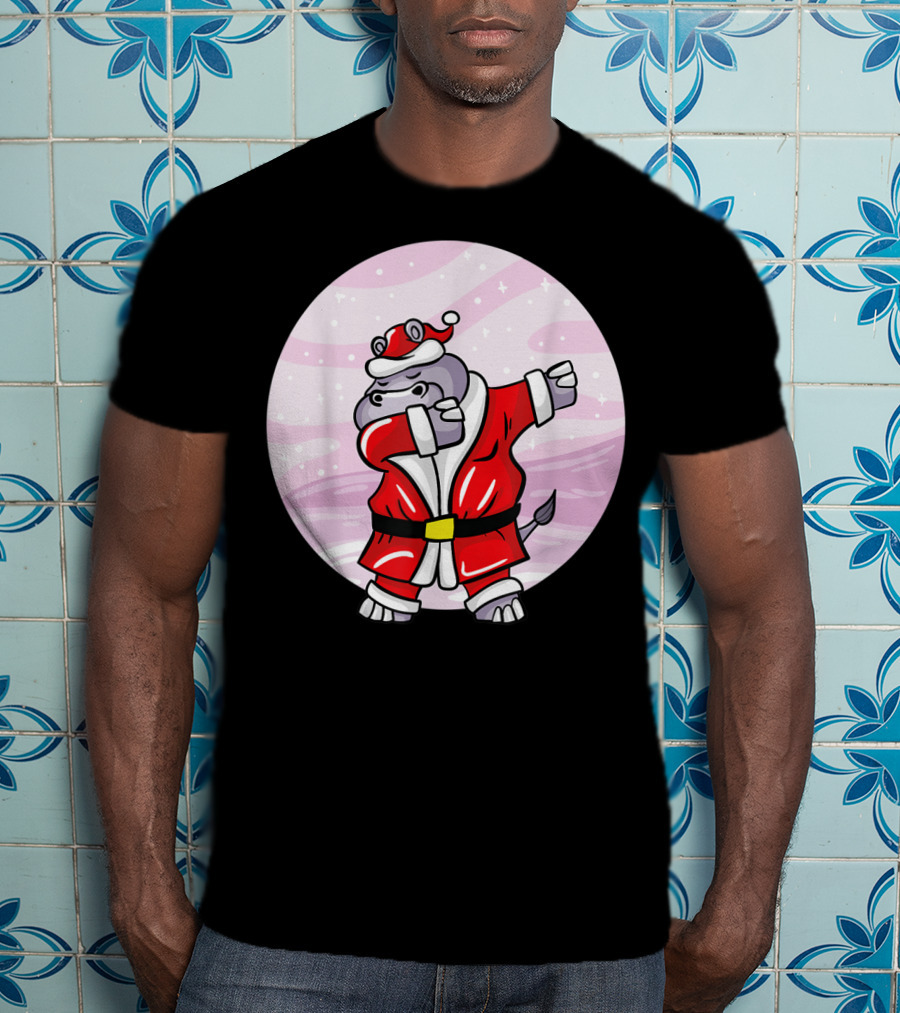 Funny Dabbing Christmas Santa Claus Hippo With Red Santa Suit T-Shirt
