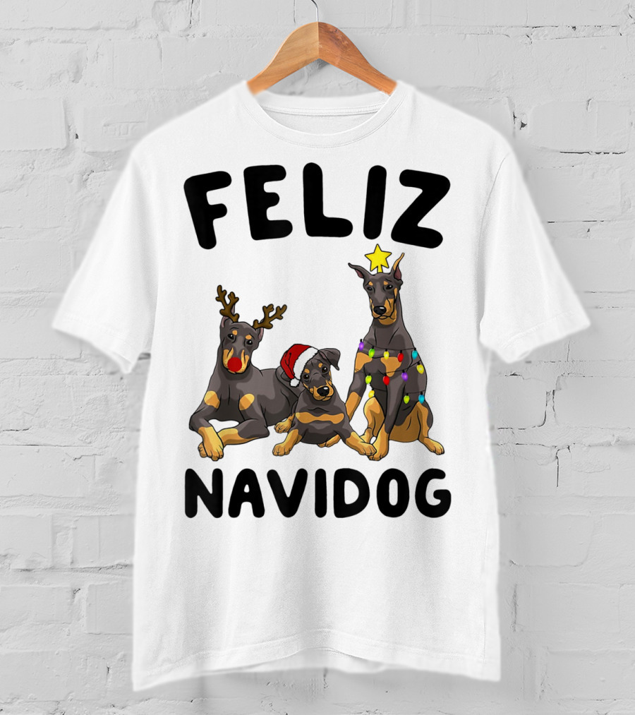 Feliz Navidog Doberman Pinscher With Reindeer Antlers Santa Hat And Christmas Lights T-Shirt