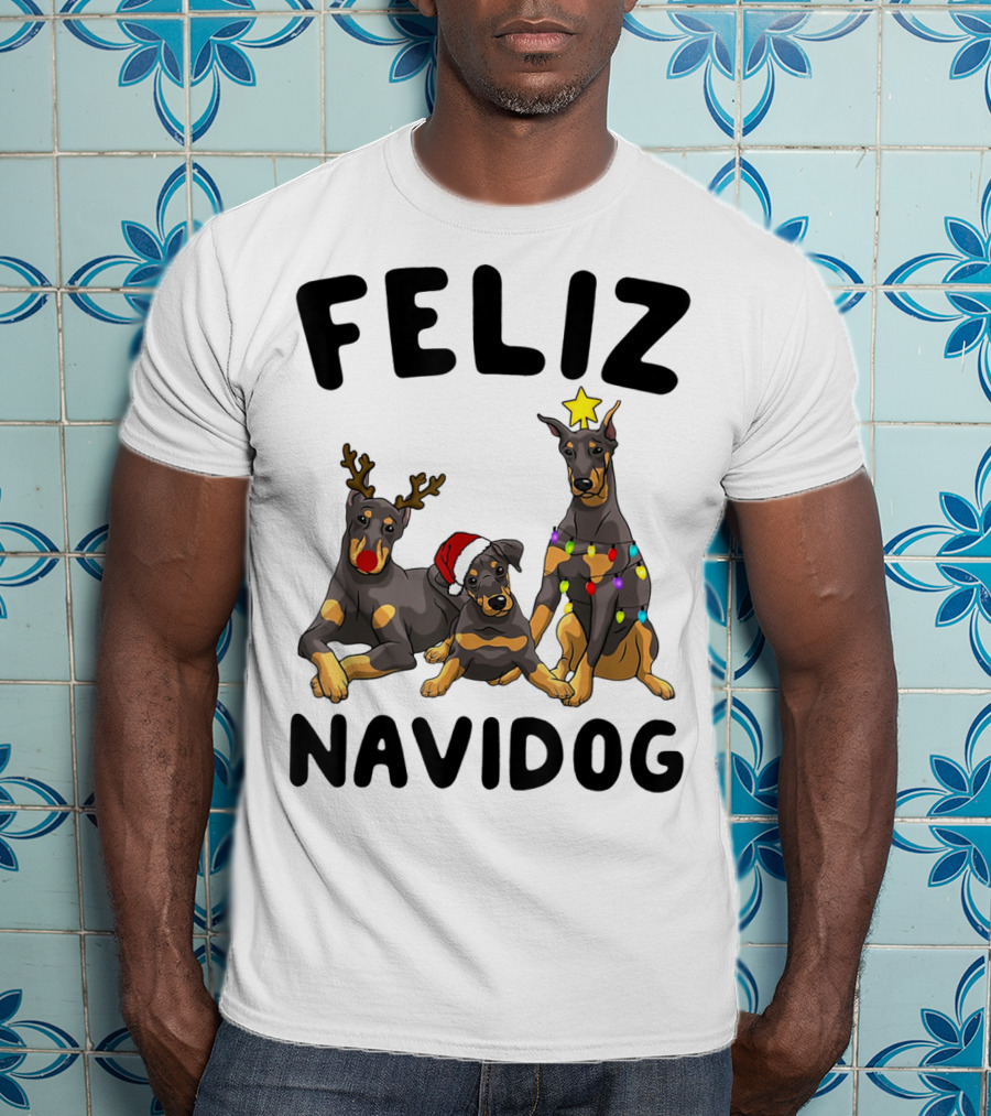 Feliz Navidog Doberman Pinscher With Reindeer Antlers Santa Hat And Christmas Lights T-Shirt