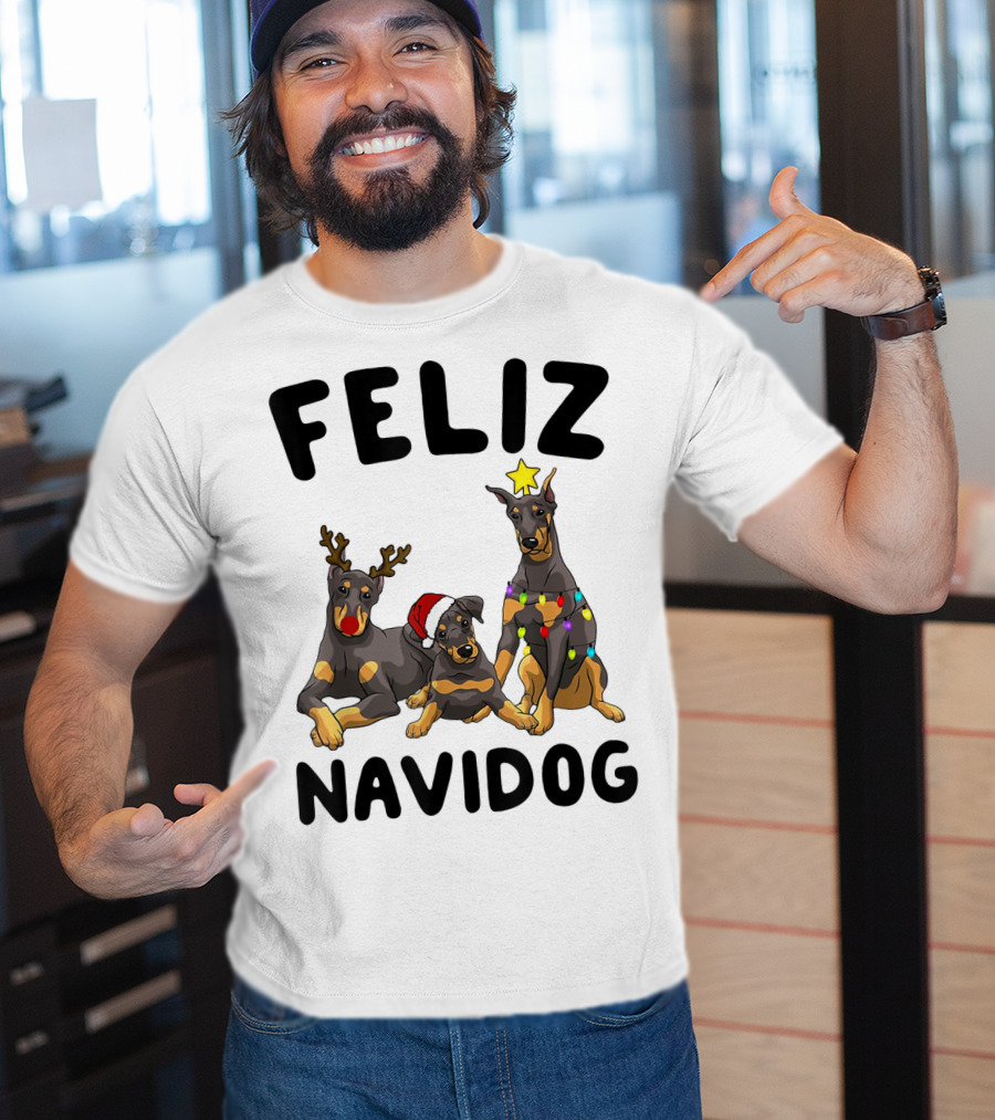 Feliz Navidog Doberman Pinscher With Reindeer Antlers Santa Hat And Christmas Lights T-Shirt