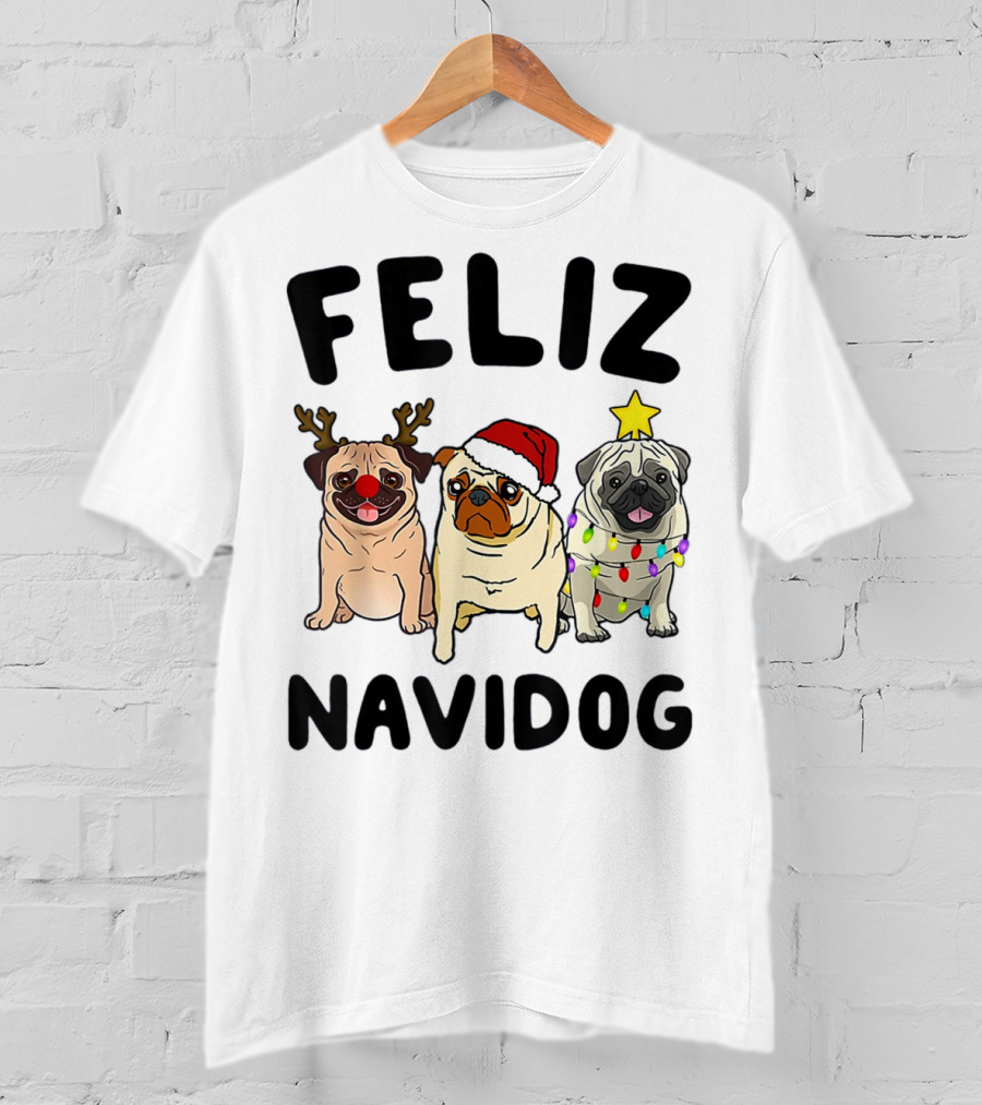 Feliz Navidog Pugs Christmas Antlers Santa Hat Lights T-Shirt