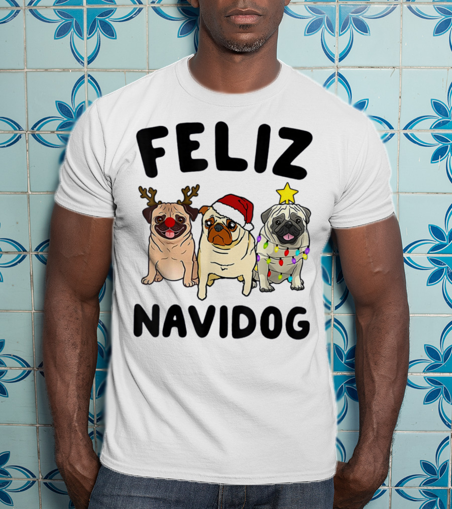 Feliz Navidog Pugs Christmas Antlers Santa Hat Lights T-Shirt