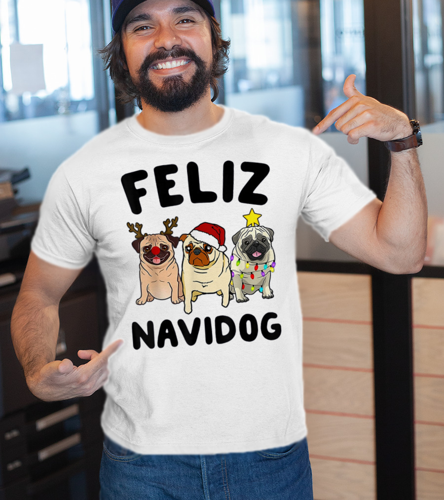 Feliz Navidog Pugs Christmas Antlers Santa Hat Lights T-Shirt