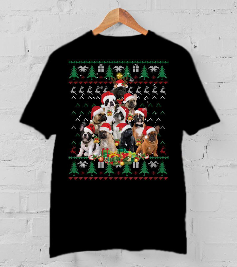 French Bulldog Christmas Tree With Santa Hats T-Shirt