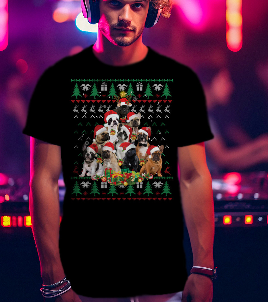 French Bulldog Christmas Tree With Santa Hats T-Shirt