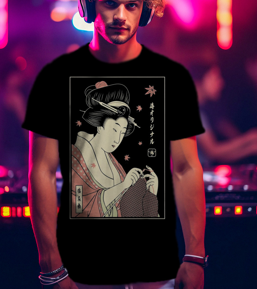 Funny Geisha Knitting Samurai Japanese Lover Ukiyo-e T-Shirt