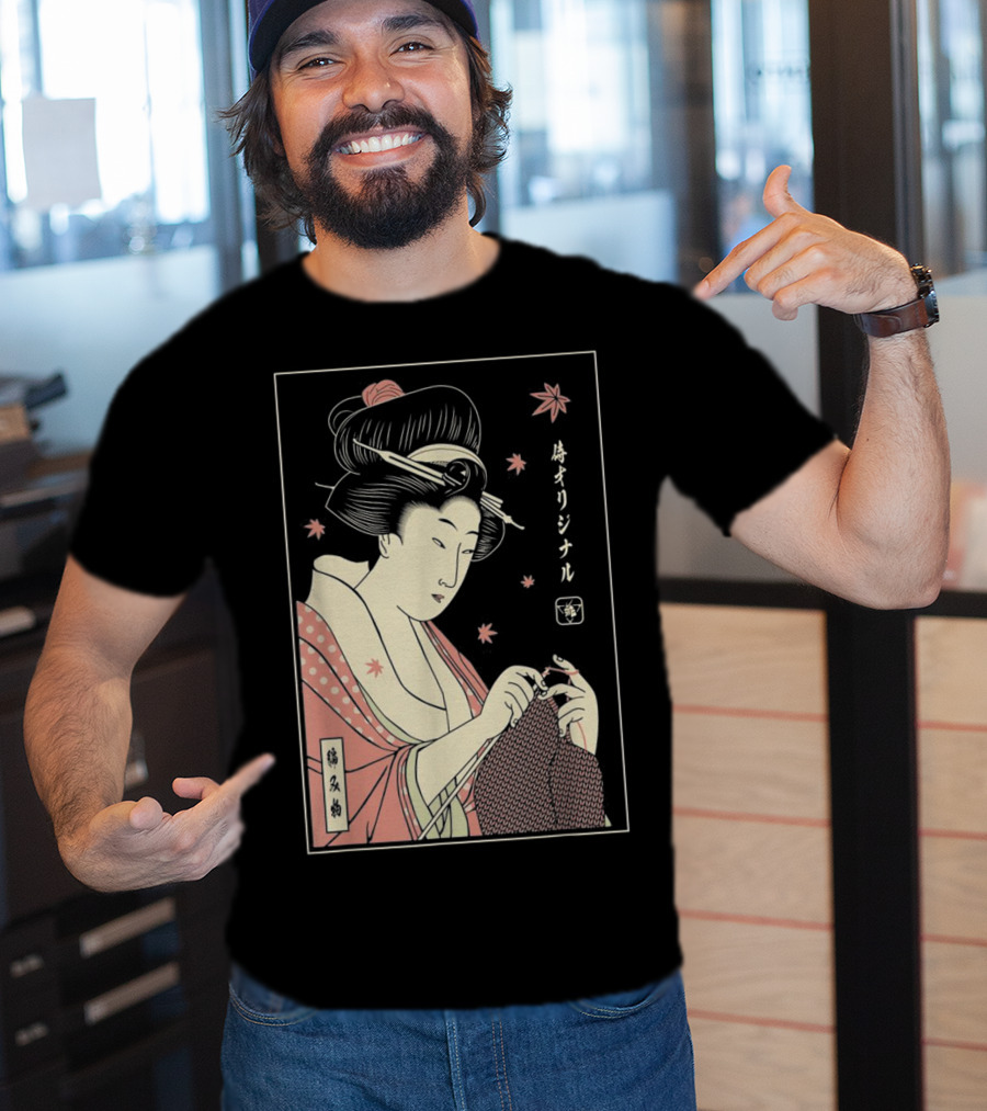 Funny Geisha Knitting Samurai Japanese Lover Ukiyo-e T-Shirt
