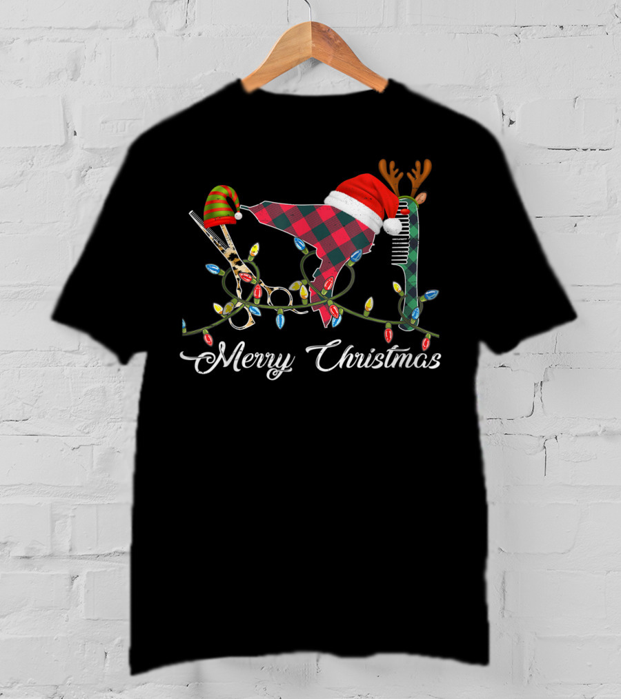 Merry Christmas Hair Stylist Tools With Santa Hat Scissors And Antler Comb T-Shirt