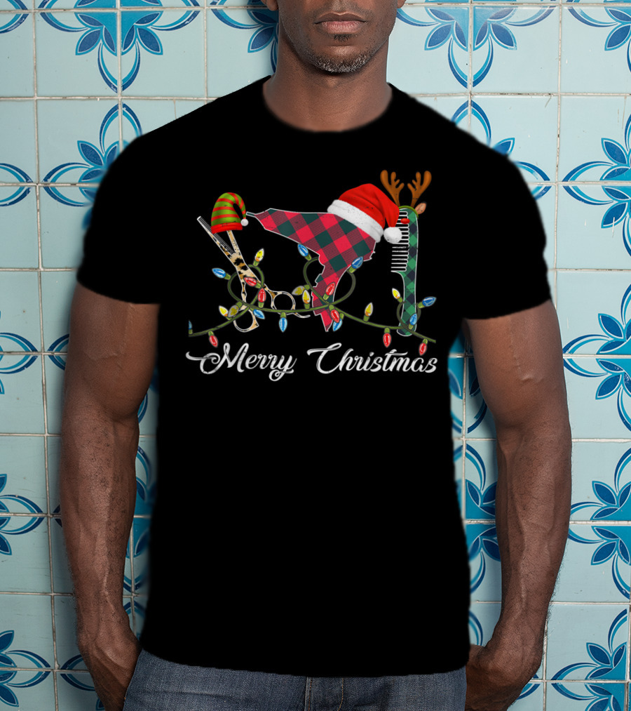 Merry Christmas Hair Stylist Tools With Santa Hat Scissors And Antler Comb T-Shirt