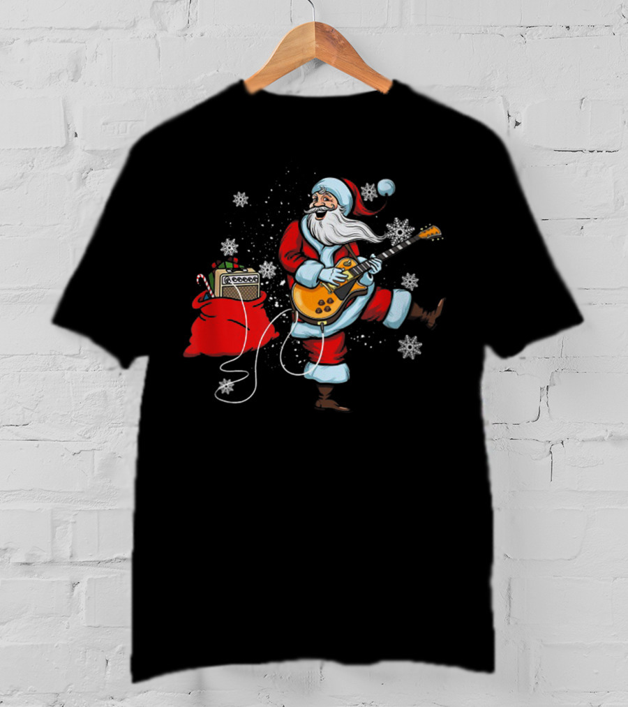 Funny Santa Playing Guitar With Snowflakes And Christmas Bag T-Shirt