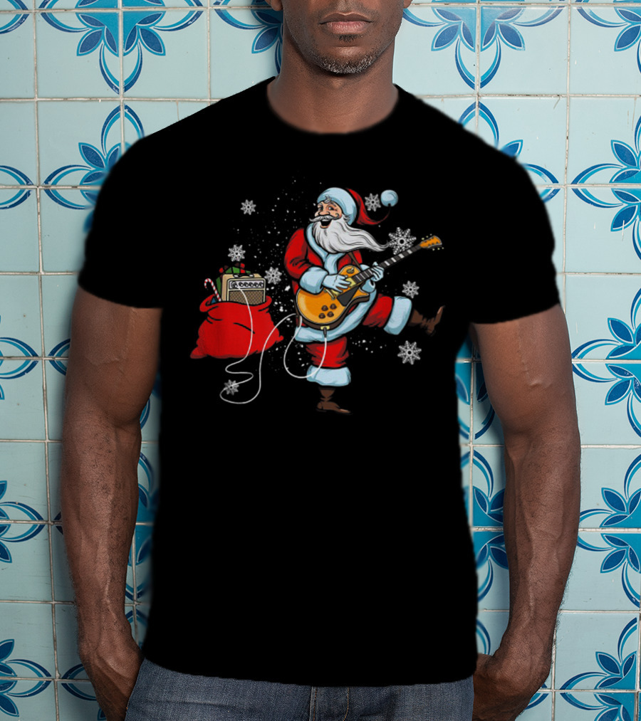 Funny Santa Playing Guitar With Snowflakes And Christmas Bag T-Shirt