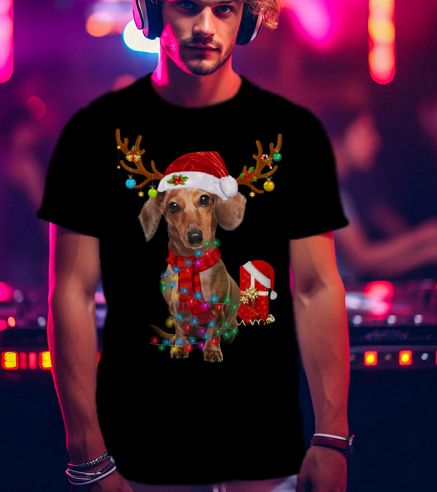 Santa Hat Dachshund With Reindeer Antlers And Christmas Lights T-Shirt