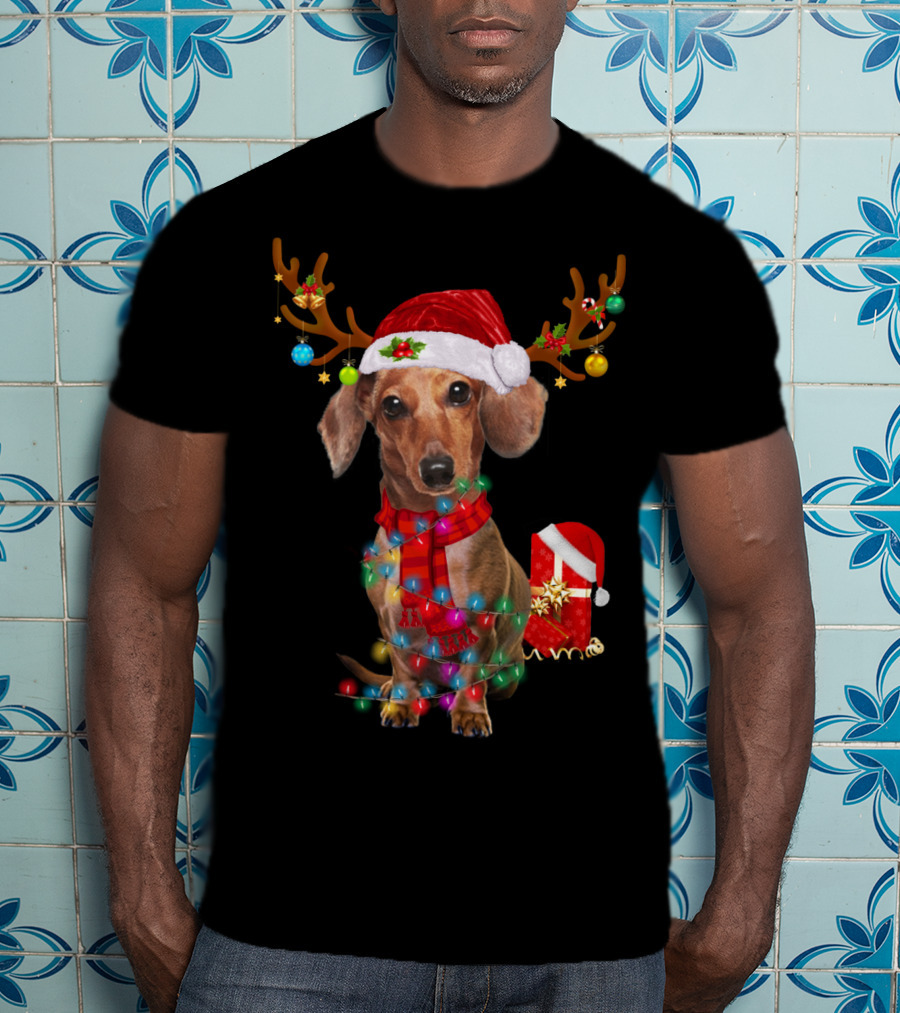 Santa Hat Dachshund With Reindeer Antlers And Christmas Lights T-Shirt
