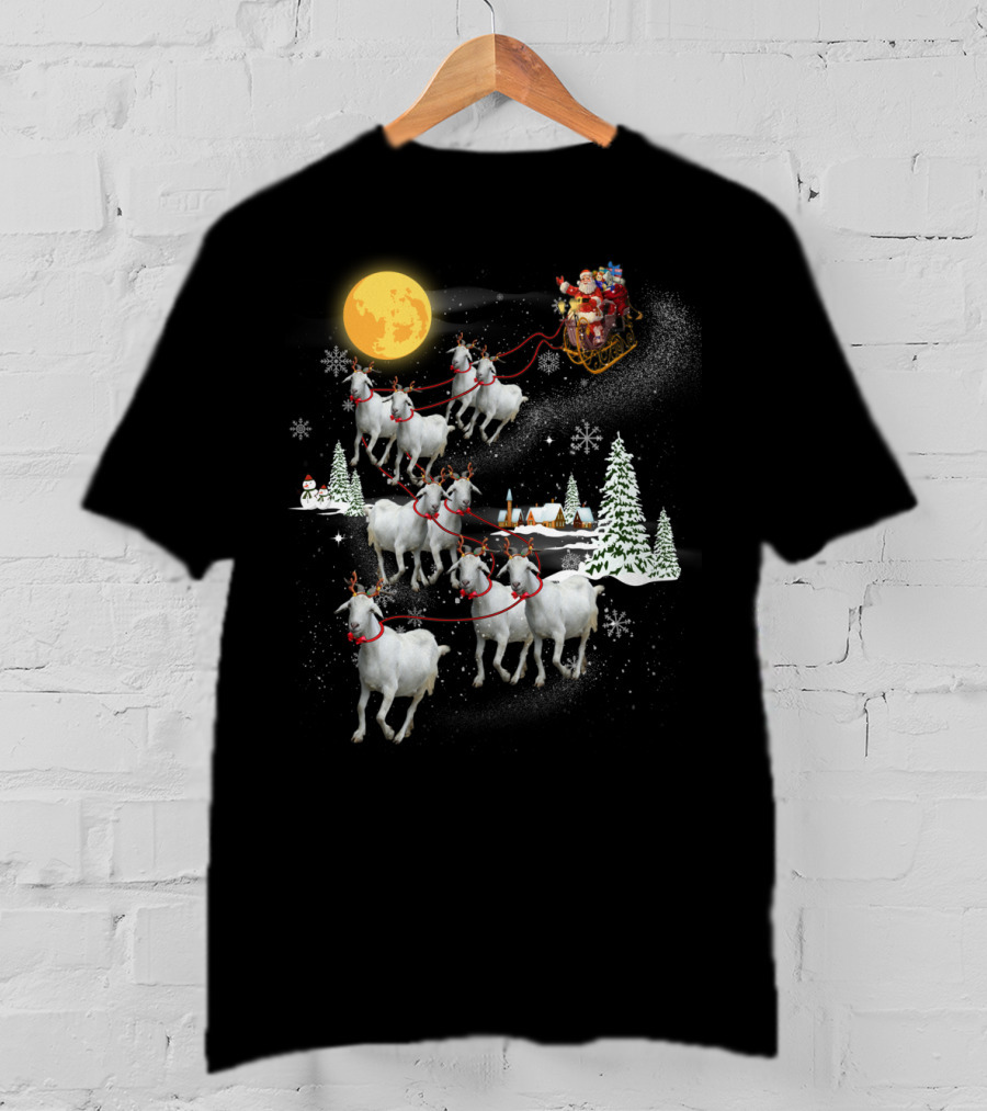 Funny Santa Riding Goat Sleigh Under Full Moon T-Shirt