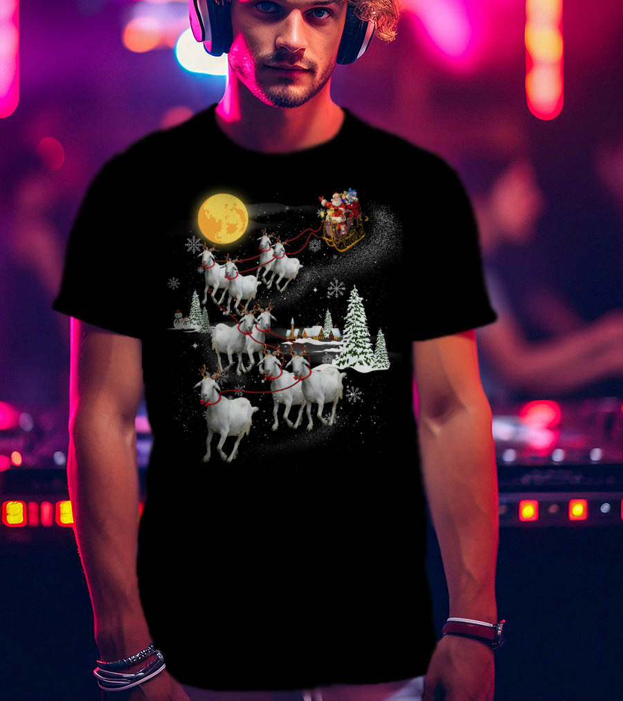 Funny Santa Riding Goat Sleigh Under Full Moon T-Shirt