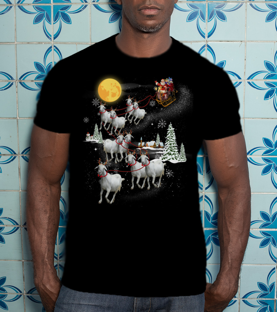 Funny Santa Riding Goat Sleigh Under Full Moon T-Shirt