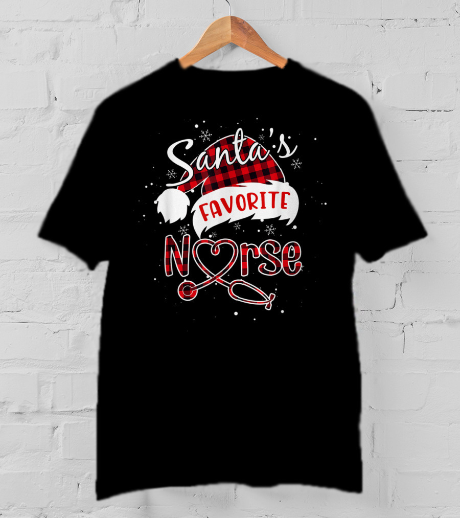 Santa's Favorite Nurse Christmas Hat Red Plaid Stethoscope T-Shirt