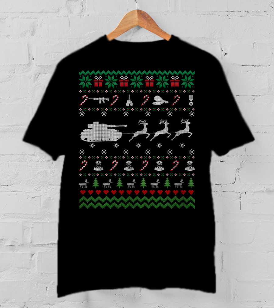 Funny Veteran Ugly Christmas Sweater With Tank Reindeer And Military Decorations T-Shirt