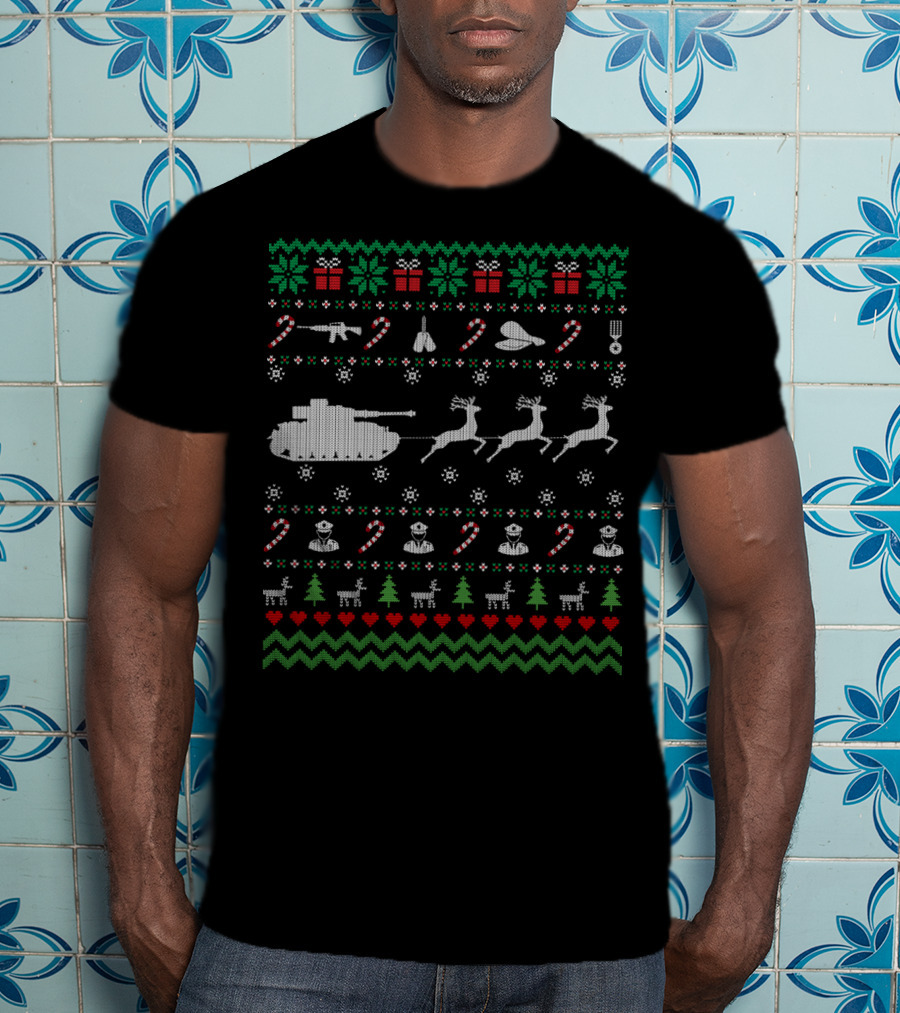 Funny Veteran Ugly Christmas Sweater With Tank Reindeer And Military Decorations T-Shirt