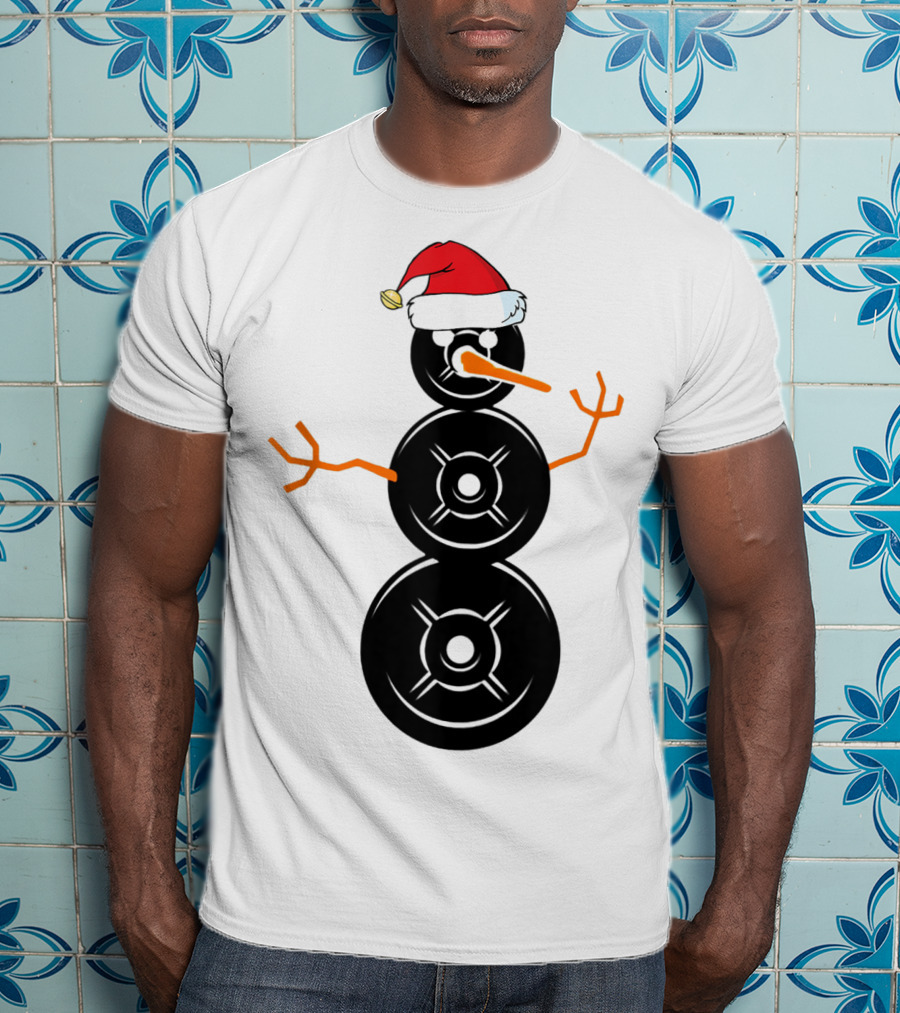 Funny Santa Hat Weightlifting Snowman Barbell T-Shirt