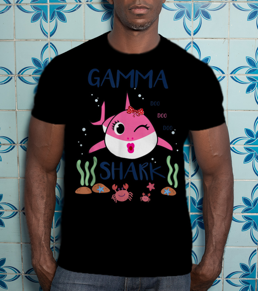 Gamma Shark Doo Doo Doo Winking Pink Shark With Bow And Marine Life T-Shirt