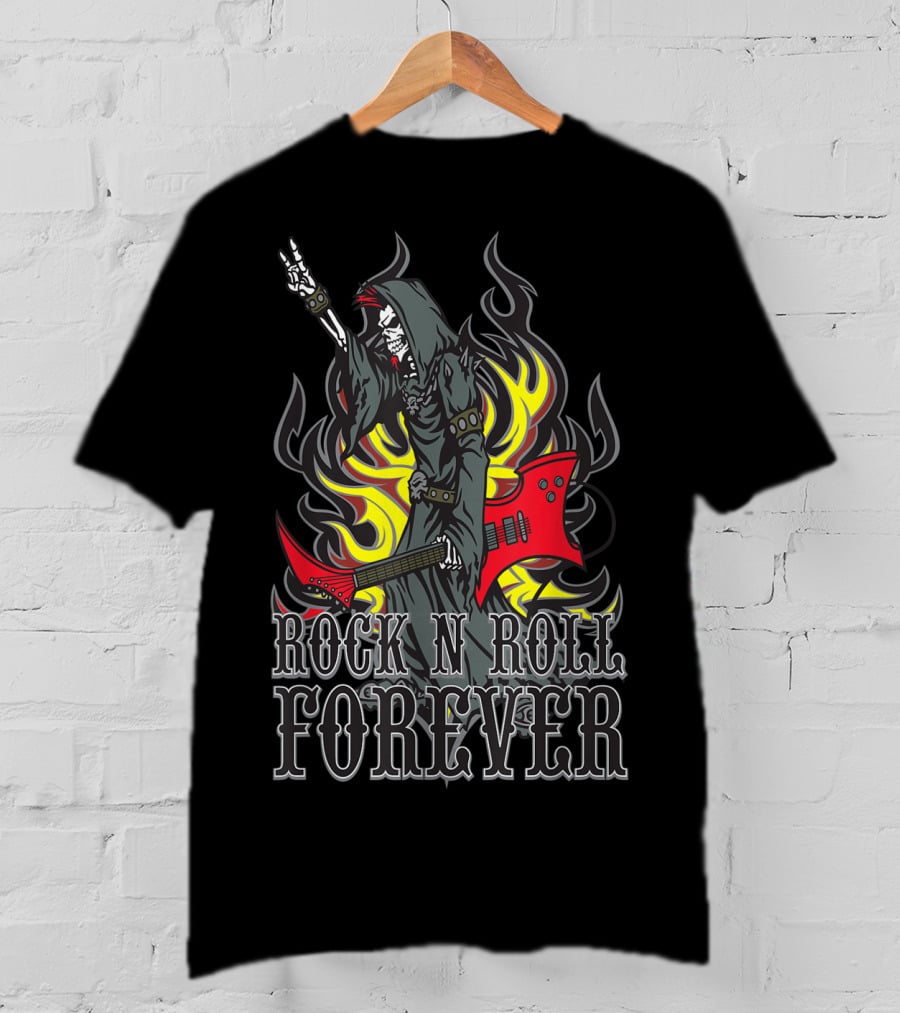 Rock N Roll Forever Grim Reaper Guitar Flames Horns Sign T-Shirt