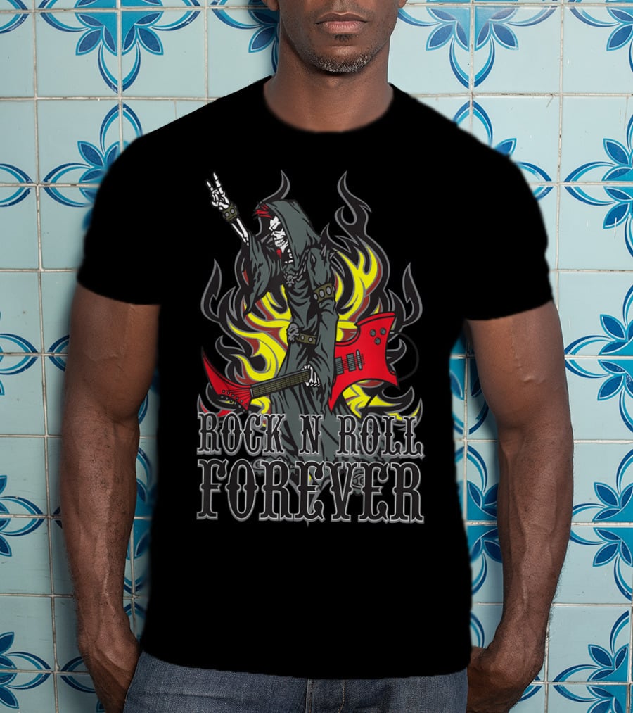 Rock N Roll Forever Grim Reaper Guitar Flames Horns Sign T-Shirt