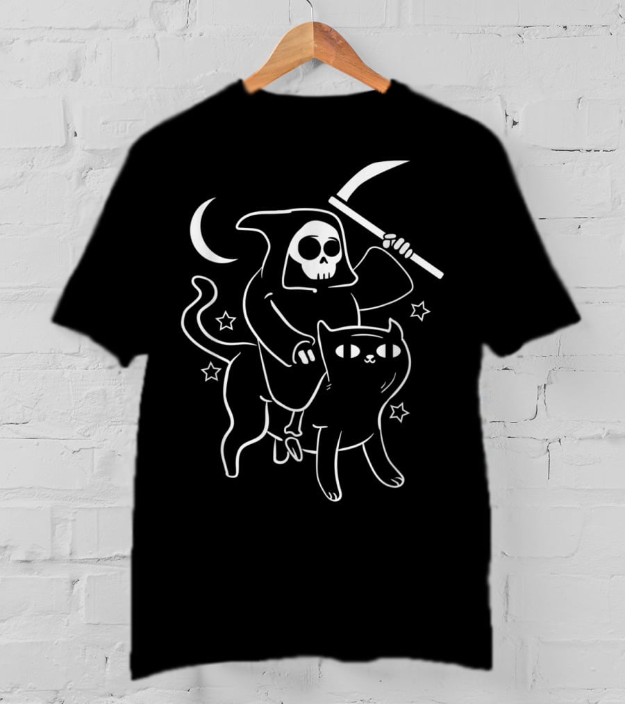Grim Reaper Ride Satan Cat Demonic Evil Devil Moon Stars T-Shirt