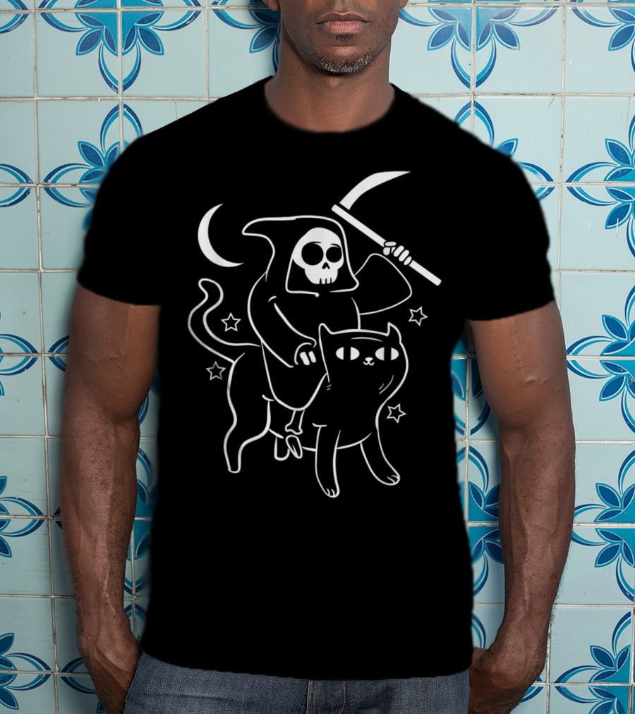 Grim Reaper Ride Satan Cat Demonic Evil Devil Moon Stars T-Shirt