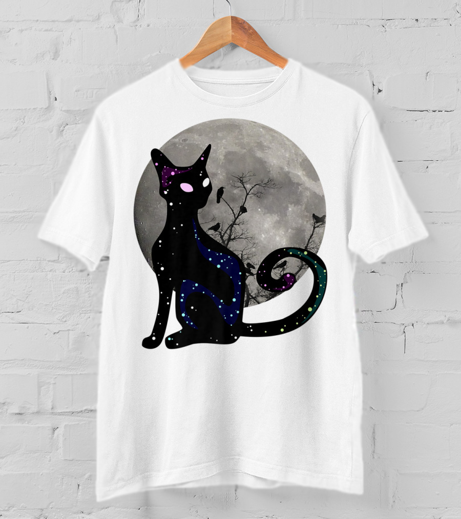 Halloween Scary Black Cat Gothic Full Moon Ravens T-Shirt