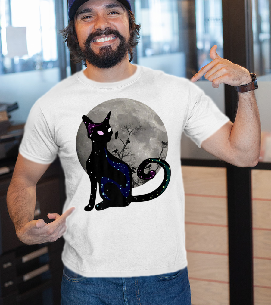 Halloween Scary Black Cat Gothic Full Moon Ravens T-Shirt