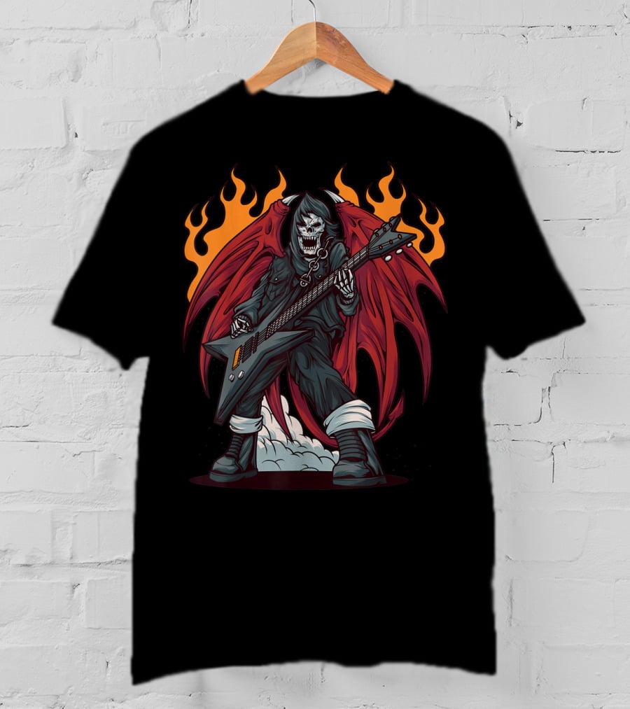 Heavy Metal Guitarist Red Winged Flaming Skull T-Shirt
