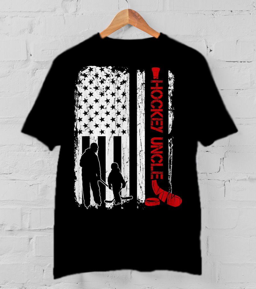 Hockey Uncle American Flag Silhouette With Stick And Player T-Shirt