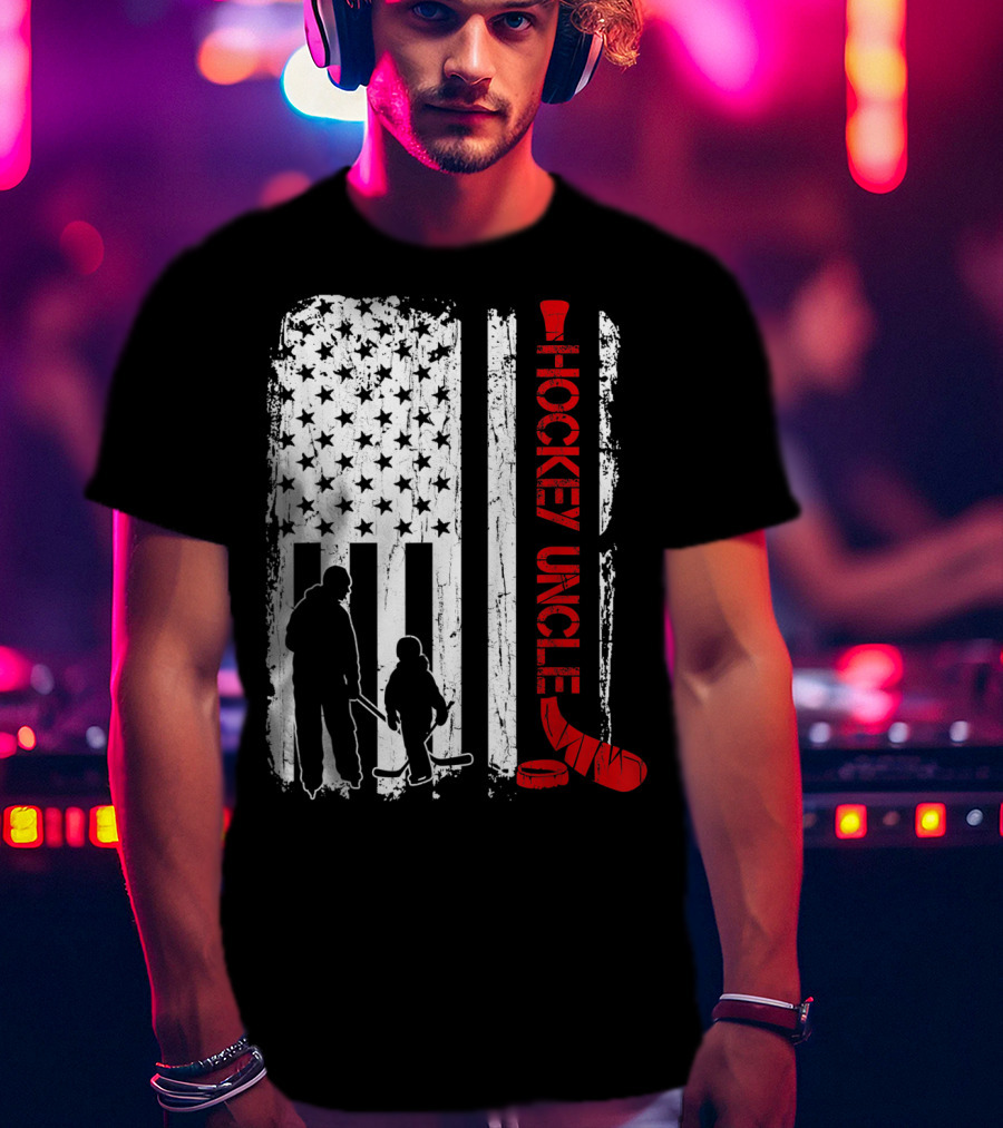 Hockey Uncle American Flag Silhouette With Stick And Player T-Shirt