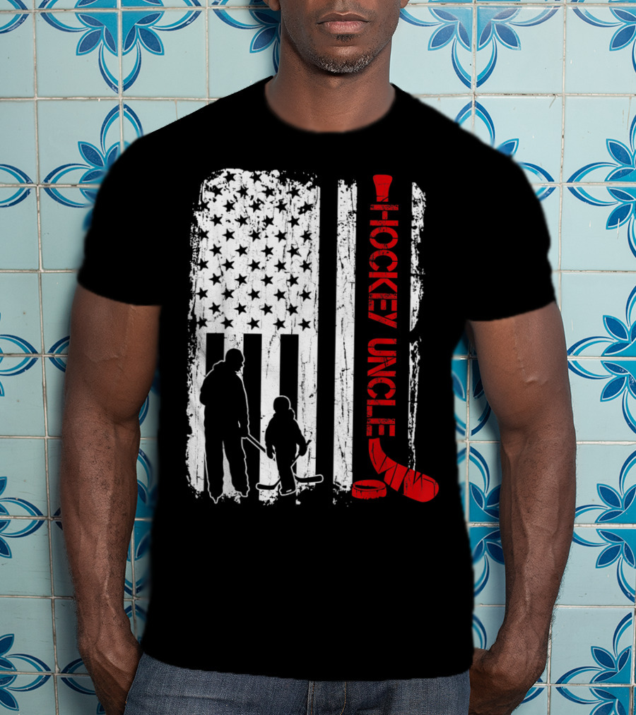 Hockey Uncle American Flag Silhouette With Stick And Player T-Shirt